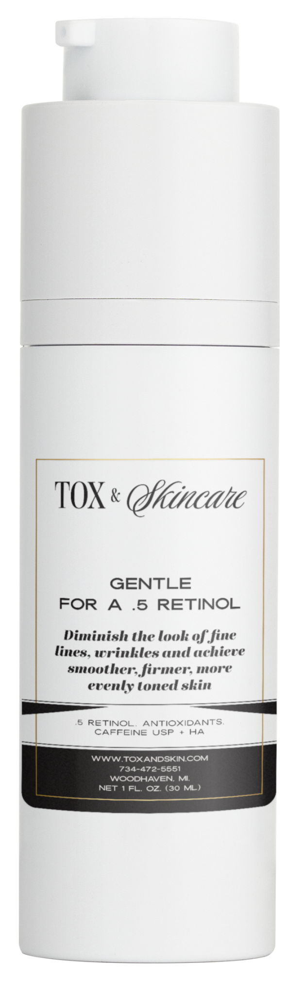 TOX & Skincare 0.5 Retinol cream bottle for smoothing fine lines and firming skin.