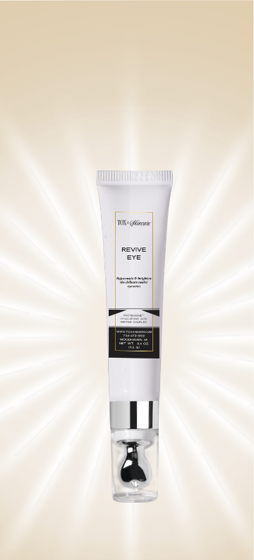 Revive Eye Cream with roller applicator on radiant beige background, luxury skincare product.