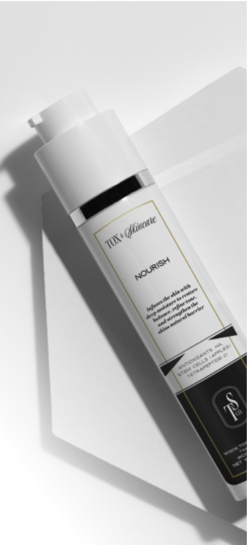 Tox Skincare Nourish bottle on white background, featuring antioxidants and natural texture enhancers.
